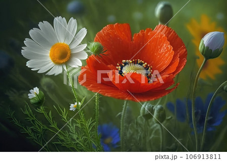 Daisy and poppy flowers Generative AI 106913811