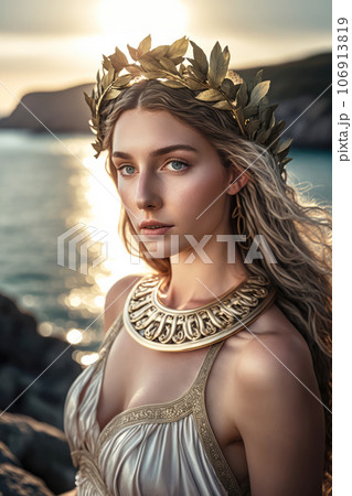Greek goddess Aphrodite style dress and golden wreath Generative AI Greek goddess Aphrodite style dress and golden wreath Generative AI 106913819
