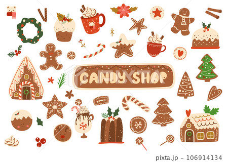 Christmas cooking set. Baked gingerbread cookies, houses, hot winter holiday drinks, pudding, dessert, food. Vector illustration. 106914134