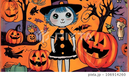 秋　猫娘のハロウィン かぼちゃランタン AI生成画像 106914260