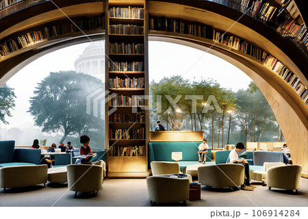 アーチ状に本が並ぶおしゃれな図書館,generative ai 106914284