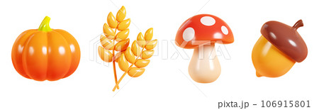 Autumn harvest elements in 3d render illustration set. Ripe orange pumpkin, wheat ears, fungus fly agaric and oak acorn for fall seasonal design. Season vegetables, seeds and mushroom icons. 106915801