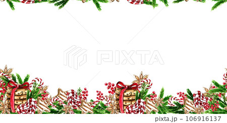 Horizontal seamless background for Christmas and New Year. Watercolor hand drawn illustration for cards, backgrounds, scrapbooking and your design. Perfect for wedding invitation. Horizontal seamless background for Christmas and New Year. Watercolor hand drawn illustration for cards, backgrounds, scrapbooking and your design. Perfect for wedding invitation. 106916137