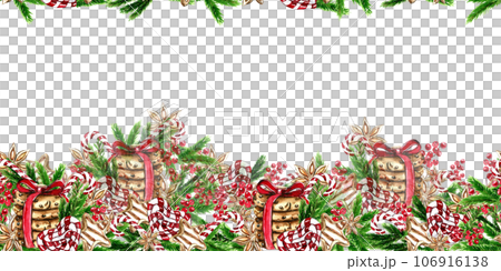Horizontal seamless background for Christmas and New Year. Watercolor hand drawn illustration for cards, backgrounds, scrapbooking and your design. Perfect for wedding invitation. Horizontal seamless background for Christmas and New Year. Watercolor hand drawn illustration for cards, backgrounds, scrapbooking and your design. Perfect for wedding invitation. 106916138