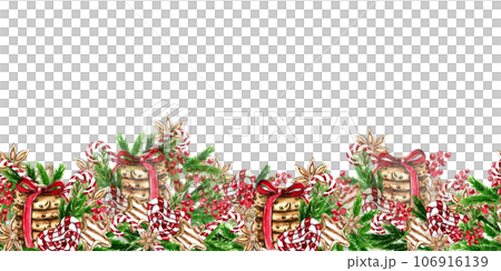 Horizontal seamless background for Christmas and New Year. Watercolor hand drawn illustration for cards, backgrounds, scrapbooking and your design. Perfect for wedding invitation. Horizontal seamless background for Christmas and New Year. Watercolor hand drawn illustration for cards, backgrounds, scrapbooking and your design. Perfect for wedding invitation. 106916139