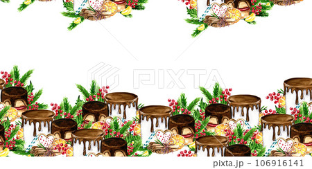 Horizontal seamless background for Christmas and New Year. Watercolor hand drawn illustration for cards, backgrounds, scrapbooking and your design. Perfect for wedding invitation. Horizontal seamless background for Christmas and New Year. Watercolor hand drawn illustration for cards, backgrounds, scrapbooking and your design. Perfect for wedding invitation. 106916141