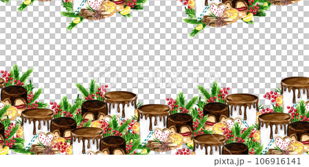 Horizontal seamless background for Christmas and New Year. Watercolor hand drawn illustration for cards, backgrounds, scrapbooking and your design. Perfect for wedding invitation. 106916141