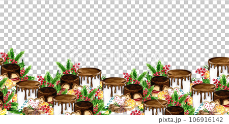 Horizontal seamless background for Christmas and New Year. Watercolor hand drawn illustration for cards, backgrounds, scrapbooking and your design. Perfect for wedding invitation. 106916142