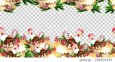 Horizontal seamless background for Christmas and New Year. Watercolor hand drawn illustration for cards, backgrounds, scrapbooking and your design. Perfect for wedding invitation. 106916143