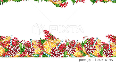 Horizontal seamless background for Christmas and New Year. Watercolor hand drawn illustration for cards, backgrounds, scrapbooking and your design. Perfect for wedding invitation. 106916145