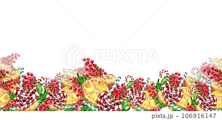 Horizontal seamless background for Christmas and New Year. Watercolor hand drawn illustration for cards, backgrounds, scrapbooking and your design. Perfect for wedding invitation. 106916147