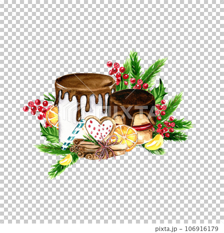 Composition for Christmas. Gifts, cupcake, cake,cookies,fir branches.Composition for Christmas. Gifts, cupcake, cake,c ookies, fir branches.Watercolor hand drawn illustration. Winter holiday. 106916179