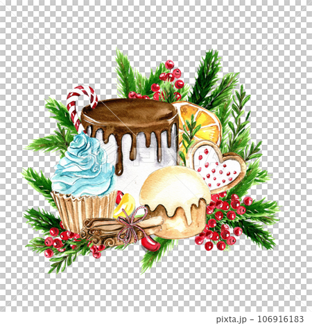 Composition for Christmas. Gifts, cupcake, cake,cookies,fir branches.Composition for Christmas. Gifts, cupcake, cake,c ookies, fir branches.Watercolor hand drawn illustration. Winter holiday. 106916183