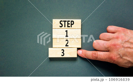 Time to step 3 symbol. Concept word Step 1 2 3 on wooden block. Businessman hand. Beautiful grey table grey background. Business planning and time to step 3 concept. Copy space. 106916839