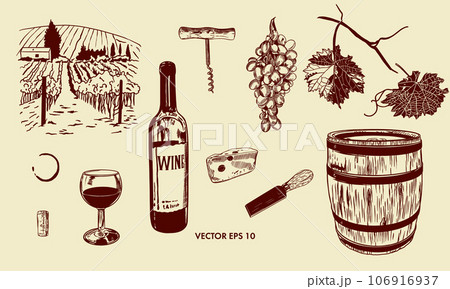 Bottle, glass, barrel of wine, grapes, leaves, cheese, vineyards, bottle opener. Vector illustration of a wine. Menus, wine lists, labels, banners. Bottle, glass, barrel of wine, grapes, leaves, cheese, vineyards, bottle opener. Vector illustration of a wine. Menus, wine lists, labels, banners. 106916937
