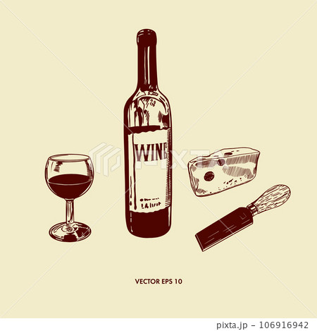 A bottle of wine, a glass, a piece of cheese, a knife for cheese. Vector illustration in graphic style. Menus, wine lists, labels, banners, flyers. 106916942