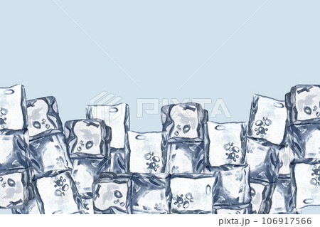 Watercolor ice cubes background, crystal ice blocks frame, isolated border of blue transparent frozen water cubes. Winter background. 106917566