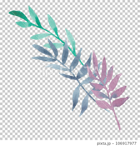 Hand drawn watercolor decorative eucalyptus or palm branches with colorful leaves: purple, mint, navy blue. Good for prints design, wedding invitations, greeting cards, posters, packing, textile Hand drawn watercolor decorative eucalyptus or palm branches with colorful leaves: purple, mint, navy blue. Good for prints design, wedding invitations, greeting cards, posters, packing, textile 106917977