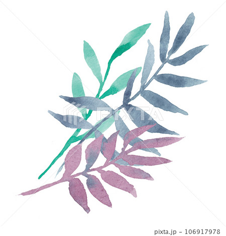 Hand drawn watercolor decorative eucalyptus or palm branches with colorful leaves: purple, mint, navy blue. Good for prints design, wedding invitations, greeting cards, posters, packing, textile 106917978