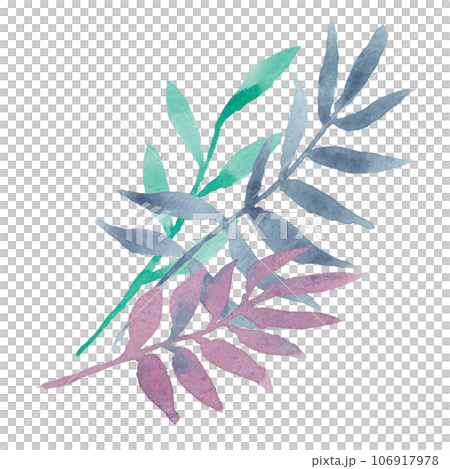 Hand drawn watercolor decorative eucalyptus or palm branches with colorful leaves: purple, mint, navy blue. Good for prints design, wedding invitations, greeting cards, posters, packing, textile Hand drawn watercolor decorative eucalyptus or palm branches with colorful leaves: purple, mint, navy blue. Good for prints design, wedding invitations, greeting cards, posters, packing, textile 106917978