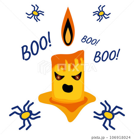 Terrible candle with spiders and screams boo. Vector emotional illustration for Halloween day. Terrible candle with spiders and screams boo. Vector emotional illustration for Halloween day. 106918024