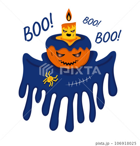 Candle stand on pumpkin and burns brightly. Ghosts fly around and spiders crawl. Vector for Halloween 106918025