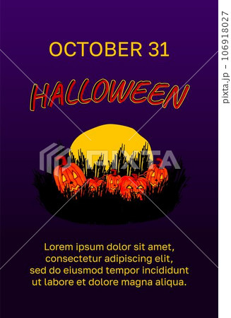 Vector Halloween background vertical banner with pumpkins, moon, bushes. Advertising copy space 106918027