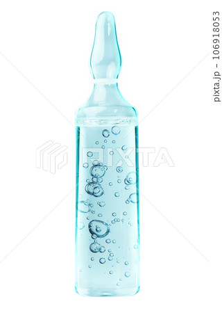 Hyaluronic acid in glass bottle ampoule isolated on white background with clipping path close-up, Liquid gel or serum bubbles, Medicine and Pharmacology. Beauty skin care concept Beauty and spa. 106918053