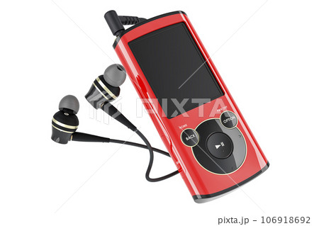 Digital audio player with wired earphones. 3D rendering 106918692