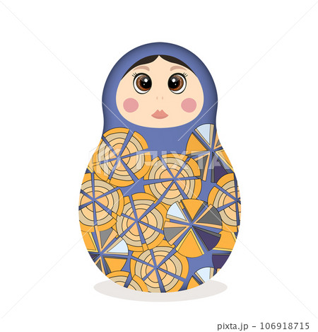 Russian Matryoshka. Traditional Russian folklore dolls with big eyes and lips. Babushka doll with hohloma, traditional painted floral pattern. Hand drawn vector illustration 106918715