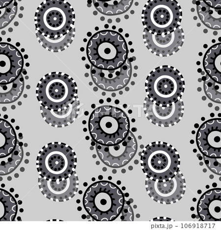 Seamless pattern with geometric aboriginal ornament. Ethnic tribal rounded color background. Afican, australian motiph. Dots painting. Vector illustration, template design for cloth, card, fabric 106918717