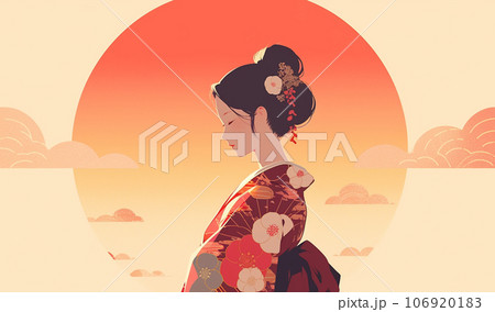 朝日を背景に立つ着物の女性のイラスト　AI生成画像 106920183