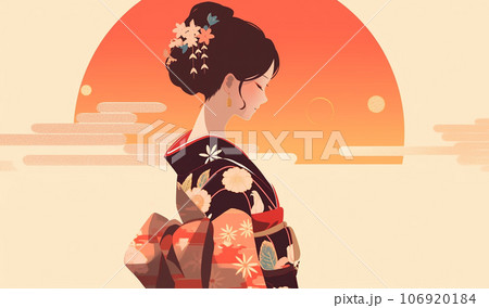 朝日を背景に立つ着物の女性のイラスト　AI生成画像 106920184