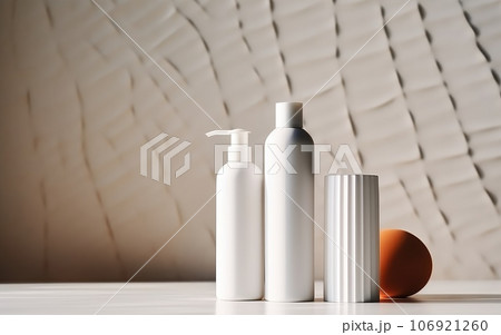 Background from a set of female professional cosmetics for face and body care. Cosmetic tubes with skin care product. Background from a set of female professional cosmetics for face and body care. Cosmetic tubes with skin care product. 106921260