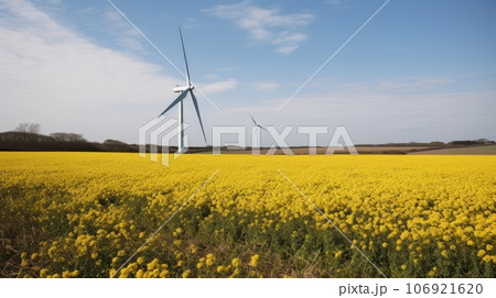Wind turbine in a yellow flower field, Alternative energy. Generative AI 106921620