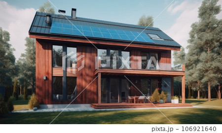 Alternative green energy, solar panels on the roof top of the house. Generative AI 106921640