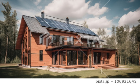 Alternative green energy, solar panels on the roof top of the house. Generative AI 106921645