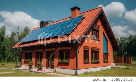 Alternative green energy, solar panels on the roof top of the house. Generative AI Alternative green energy, solar panels on the roof top of the house. Generative AI 106921815