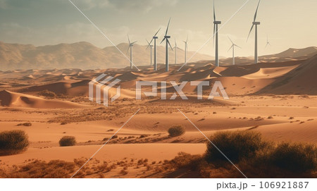 Wind turbines in the desert, renewable energy concept. Generative AI 106921887