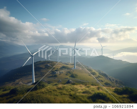 Wind turbines on beautiful sunny summer autumn mountain landsape. Generative AI 106921894