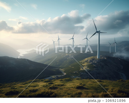 Wind turbines on beautiful sunny summer autumn mountain landsape. Generative AI 106921896