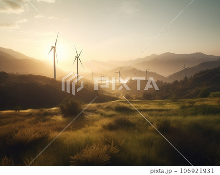Wind turbines on beautiful sunny summer autumn mountain landsape. Generative AI Wind turbines on beautiful sunny summer autumn mountain landsape. Generative AI 106921931