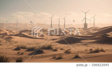 Wind turbines in the desert, renewable energy concept. Generative AI 106922045