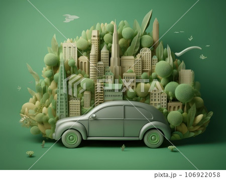 Green energy and sustainable concept, electric car and green city paper cut art. Generative AI 106922058
