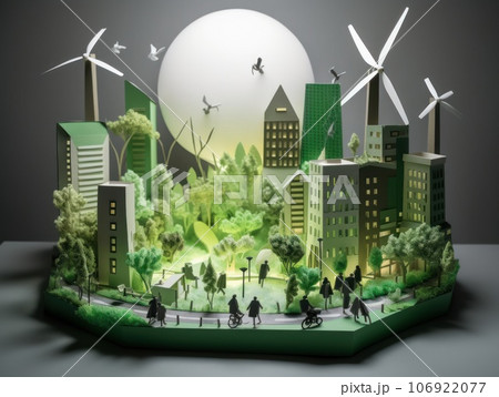 Green energy and sustainable concept, electric car and green city paper cut art. Generative AI Green energy and sustainable concept, electric car and green city paper cut art. Generative AI 106922077