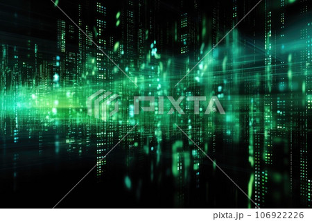 Abstract night cityscape background. Smart city, ai and digital transformation concept. Double exposure 106922226