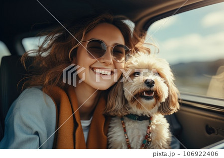 Happy woman with dog travel summer by car in vacation. Generative AI 106922406
