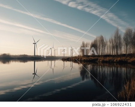 Turbines next to the river. Green energy and eco environment concept. Generative AI Turbines next to the river. Green energy and eco environment concept. Generative AI 106922431