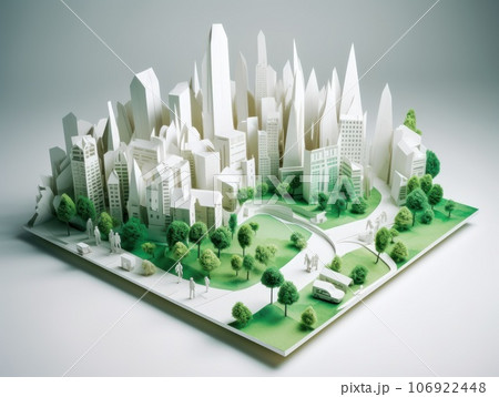 Green energy and sustainable concept, electric car and green city paper cut art. Generative AI 106922448