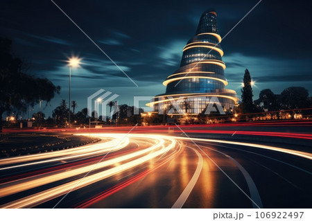 Abstract night cityscape background. Smart city, ai and digital transformation concept. Double exposure Abstract night cityscape background. Smart city, ai and digital transformation concept. Double exposure 106922497